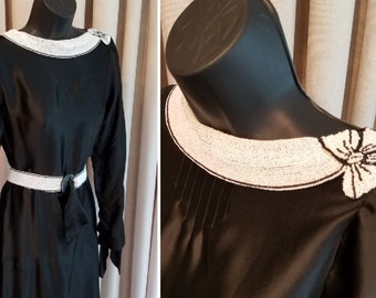 Elegant, Vintage, 1920s, Early 1930s, White Beaded on Black, Charmeuse, Long Sleeved, Ankle Length, Dressy Dress