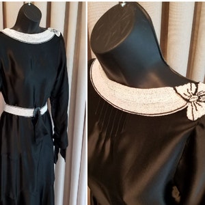 Elegant, Vintage, 1920s, Early 1930s, White Beaded on Black, Charmeuse, Long Sleeved, Ankle Length, Dressy Dress