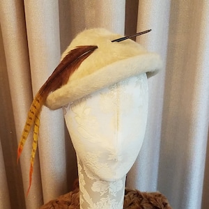 Vintage, anni '50, Harold, Lana, Marrone chiaro, Beige, Piuma, Cappello, Calot, Berretto