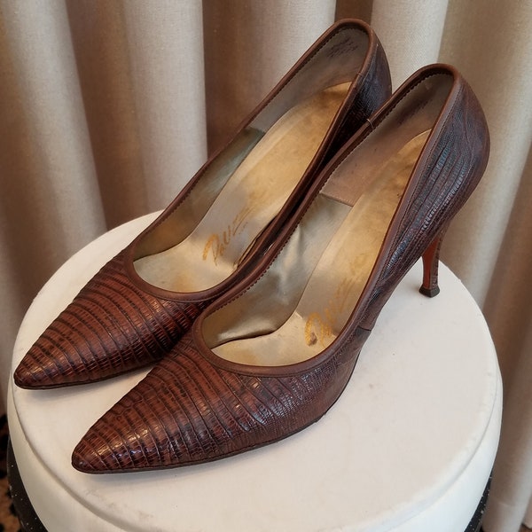 Vintage, 1950s, 1960s, Palizzio, Brown, Reptile, Lizard, Pointy Toe, Stilletos, Pumps, Heels