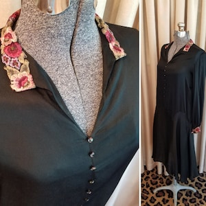 Vintage, 1920s, Black, Silk, Embroidered Floral, Day, Special Occasion, Dress