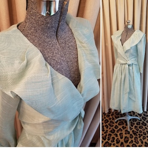 Vintage, Lata 80., Handmacher, Biały, Aqua, Zielony, Rayon, Jedwab, Organza, Dwuczęściowy, Bluzka, Kurtka, Spódnica, Garnitur, Specjalna okazja