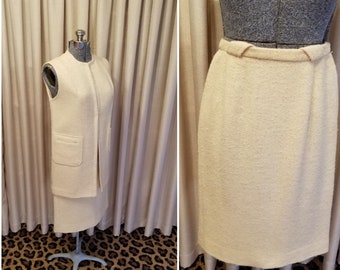 Vintage, 1960s, Suburbia, Suit, Ivory, Wool, Sleeveless, Tunic, Vest, Top, Pencil Skirt, Skirt, Two Piece, Set