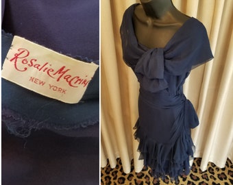 Vintage, 1950's, 1960's, Designer, Couture, Rosalie Macrini New York, Navy, Chiffon, Cocktail, Party, Special Occasion, Dress