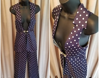 Vintage, 1970's, 2pc, Groovy, Norman Todd, Navy, White, Polka Dot, Silk, Vest, Pants, Bell-Bottom, Pantsuit, Mod, Poolside, Cocktail