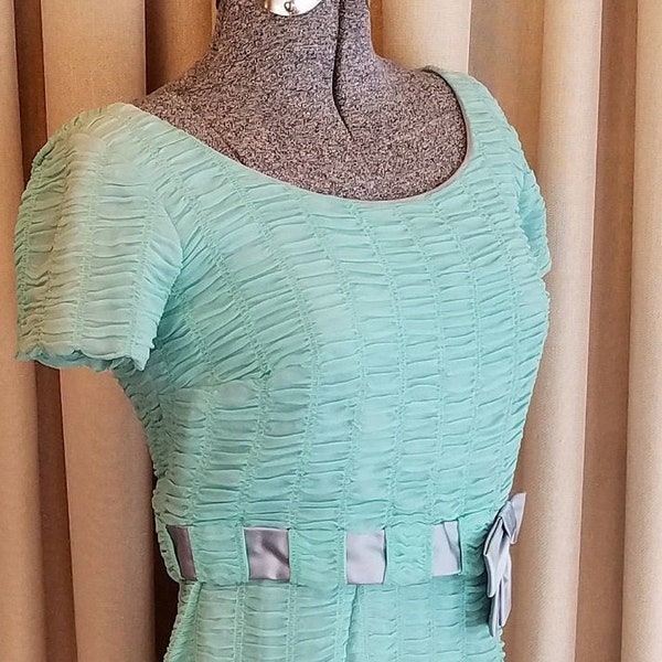 Vintage, 1950's, Du Barry, Aqua, Chiffon, Ruched, Short Sleeve, wiggle, Special Occasion, Wedding Guest, Dress