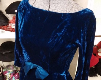 Vintage, 1950s, Suzy Perette, Blue, Crushed, Velvet, Special Occasion, Wedding, Party, Petite, Small, Dress