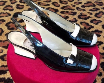 Vintage, 1960s heel style, Mod, "Amour" Pepe Jimenez, Black, White, Patent Leather, Leather, Slingback, Shoes, Chunky Heels, Heels, 7, 7.5