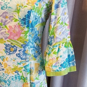 Vintage, 1960s, 60s, Midge Grant, Floral, Blue, Aqua, Pink, Green, Yellow, White, Maxi, Long, Loungewear, Dress, Bust 40