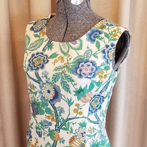 Vintage, 1960s, Blue, Pink, Gold, Green, Ivory, Floral, Sleeveless, Shift, Dress