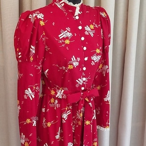 Vintage, 1970&#39;s, Prairie Style, Folk, Peasant, Maxi, Long, Floral, Graphic, Novelty, Print, Red, Yellow, White, Dress