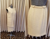 Vintage, 1960s, Suburbia, Suit, Ivory, Wool, Sleeveless, Tunic, Vest, Top, Pencil Skirt, Skirt, Two Piece, Set