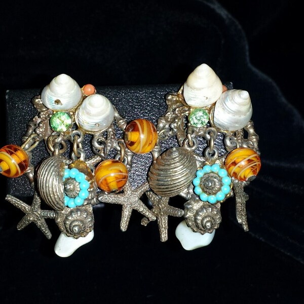 Reserved for Kelly 1960's, ART, Sea Shell, Beach Theme, Cluster, Clip, Earrings