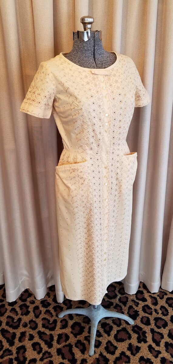 Vintage, 1950s, Tan, Embroidered, Eyelet, Cotton,… - image 1