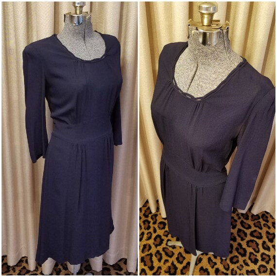 Vintage, 1940s, Navy, Blue, Rayon, Dress, Day Dres