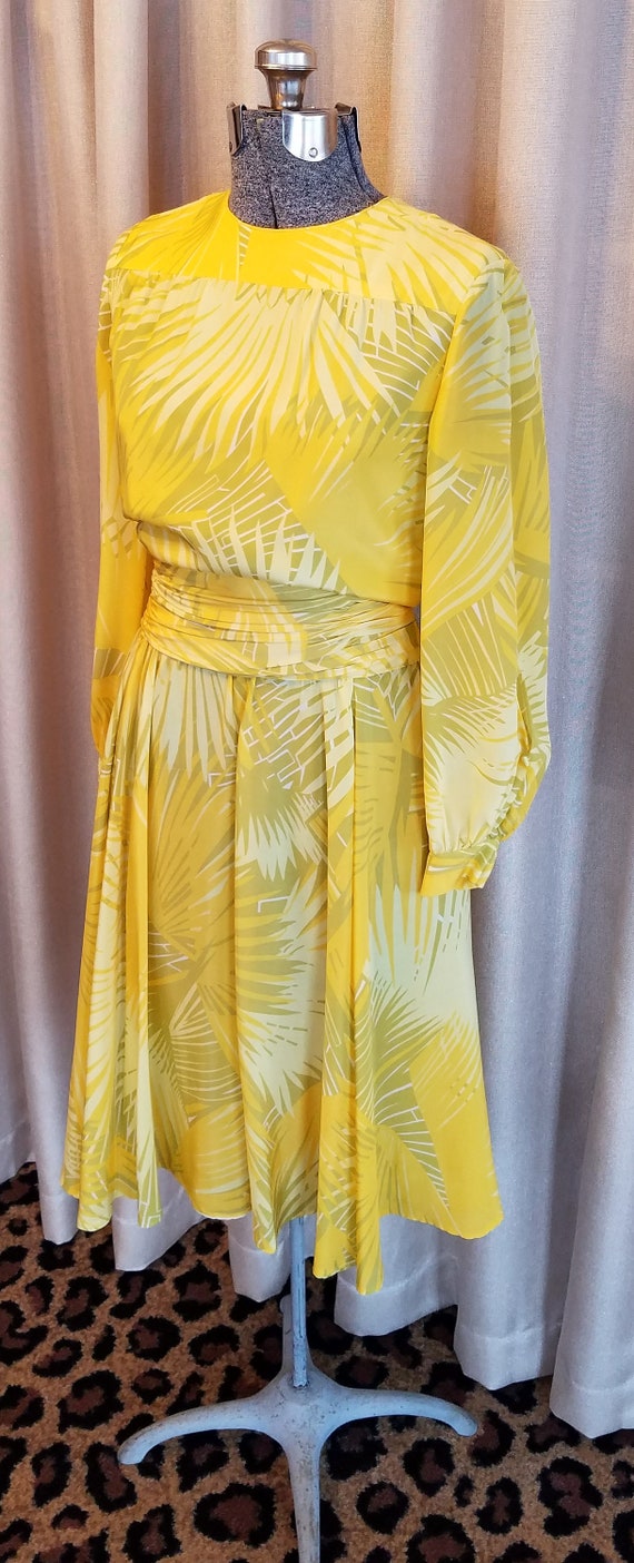 Vintage,1970s, Yellow, Gold, Green, Print,  Dress