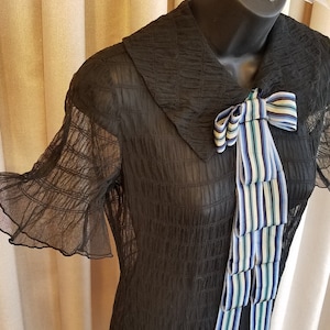 Vintage, 1930s, Versatile, Sheer, Black, Ruched, Short sleeve, Long, Dress with Grosgrain Bow