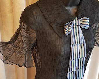 Vintage, 1930s, Versatile, Sheer, Black, Ruched, Short sleeve, Long, Dress with Grosgrain Bow