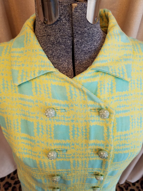 Vintage, 1960s, Short Sleeve, Aqua, Yellow, Plaid… - image 6