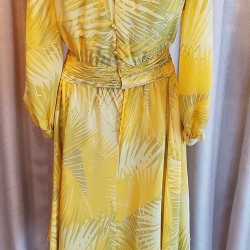 Vintage,1970s, Yellow, Gold, Green, Print, shops Dress