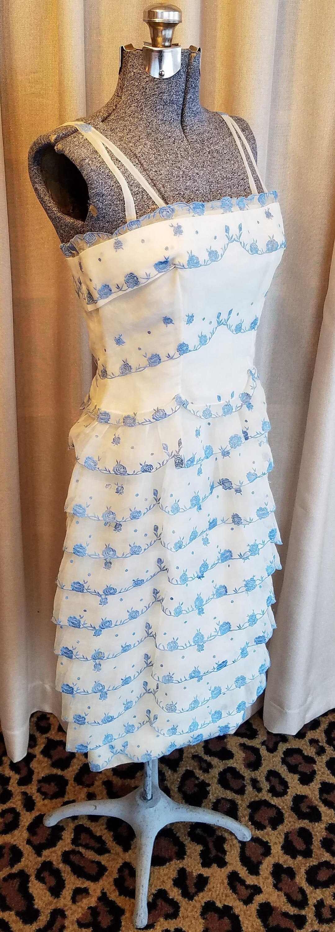 Vintage, Brigitte de Cannes, Made in France, Vintage, 1950s, Embroidered, Floral, Ruffles, Blue, Ivory, Wedding, Special Event, Party, Dress