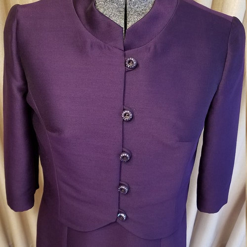 Shops 1960's, Fashions by Donna, Grape, Purple, Wool Blend Suiting, Rhinestones, Sleeveless, Dressy, Formal, Dress, 3/4 Sleeve, Jacket, Suit