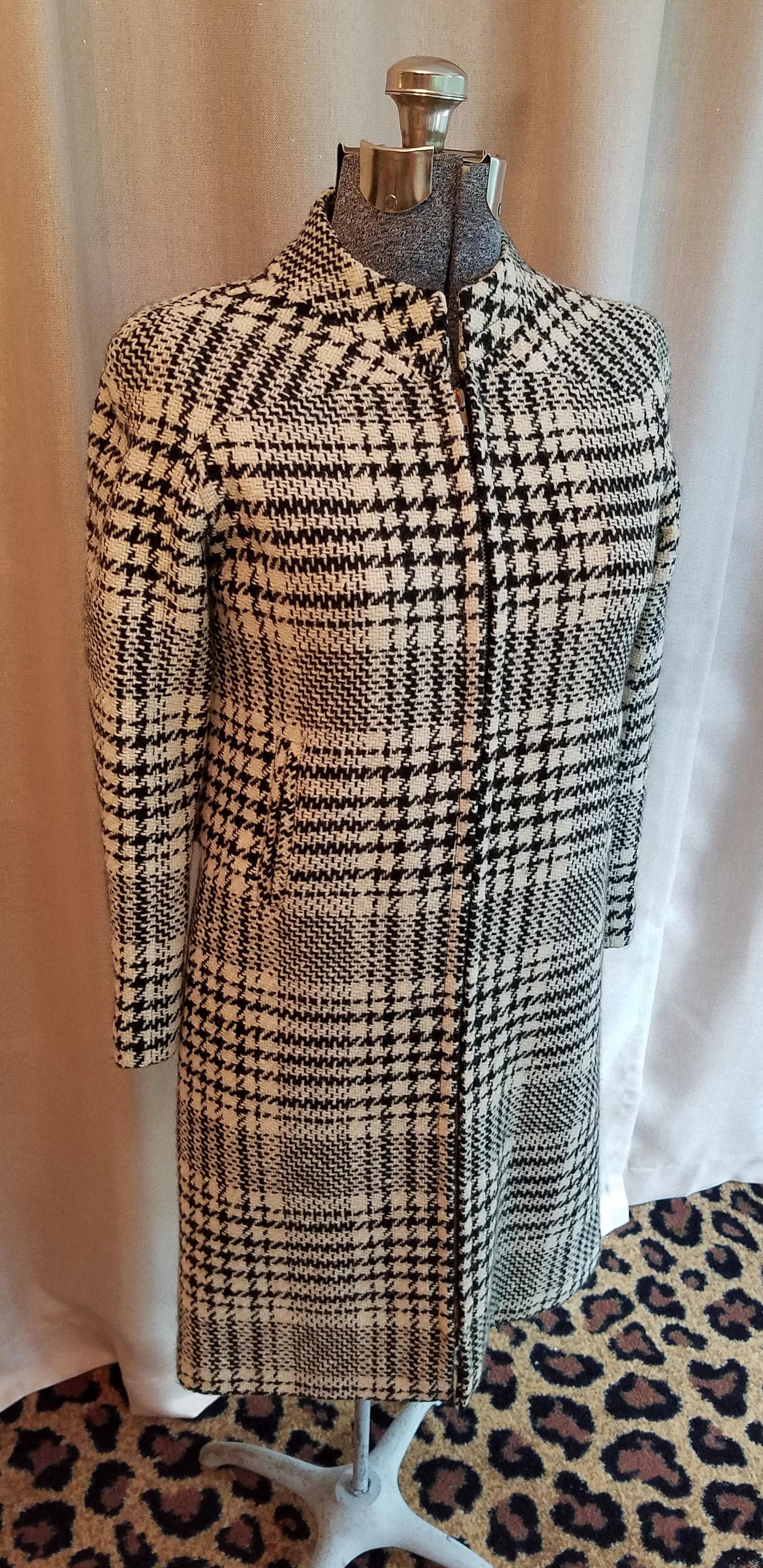 Adele Simpson Vintage 1960's 60s Houndstooth Brown Wool Coat + Dress 2-Pc  Set