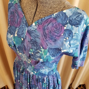 Vintage, 1950&#39;s, Blue, Purple, White, Floral, Cotton, Day, Dress