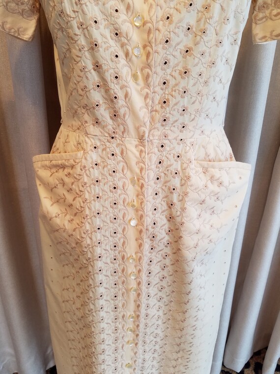 Vintage, 1950s, Tan, Embroidered, Eyelet, Cotton,… - image 6