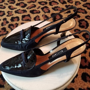 Vintage, 1990s, Stuart Weitzman, Navy, Patent Leather, Grosgrain, Slingback,  Pumps, Shoes, Heels, 8B