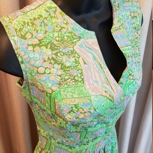 Vintage, 1970&#39;s, Novelty, Print, Maxi, Green, Purple, Aqua, Tan, White, Barkcloth, Cotton, Sleeveless, Long, Dress