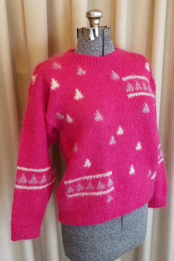 Vintage, 1980s, Anne Lester, Handknit, Fuschia, Wh