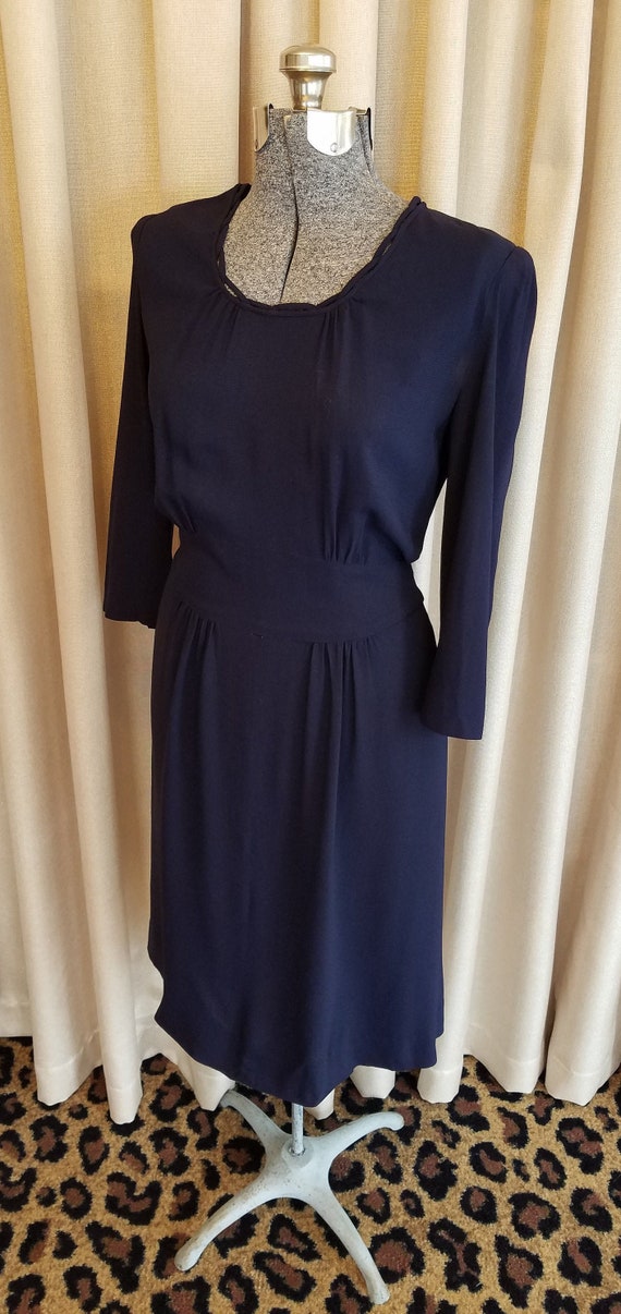 Vintage, 1940s, Navy, Blue, Rayon, Dress, Day Dres