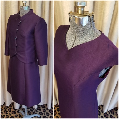 Shops 1960's, Fashions by Donna, Grape, Purple, Wool Blend Suiting, Rhinestones, Sleeveless, Dressy, Formal, Dress, 3/4 Sleeve, Jacket, Suit