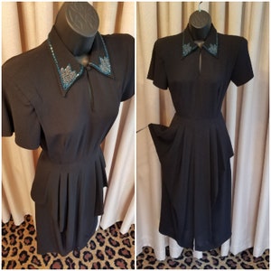 Vintage, 1940s, Black, Beaded, Crepe, Short Sleeve, Dramatic Peplum, Dress