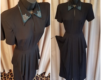 Vintage, 1940s, Black, Beaded, Crepe, Short Sleeve, Dramatic Peplum, Dress