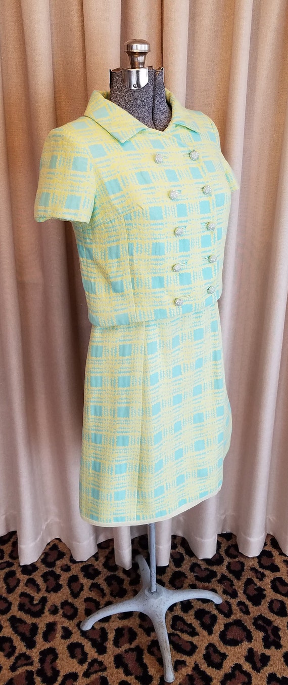 Vintage, 1960s, Short Sleeve, Aqua, Yellow, Plaid… - image 3