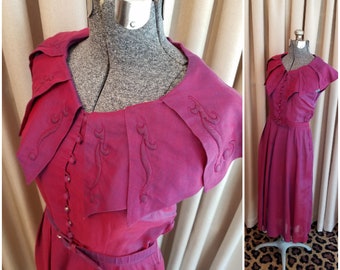 Vintage, 1930s, 1940's, Ann Foster, Purple, Red, Sleeveless, Lightweight, Flowing, Dress, Trapunto, Quilted Collar