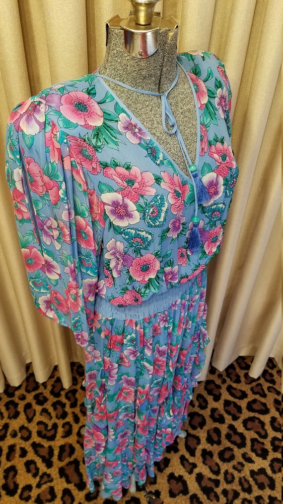 Vintage, 1980s, Diane Freis, Floral, Blue, Green,