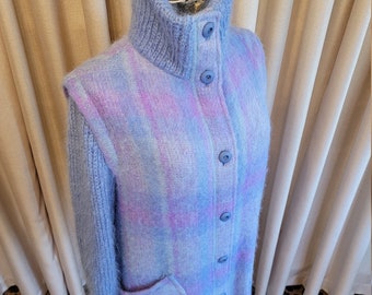 Vintage, 1980's, Donegal Design, Blue, Lilac, Light Blue, Plaid, Mohair, Wool, Sweater, Cardigan, Jacket, Coat