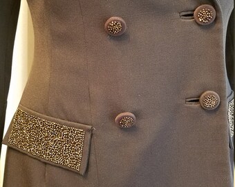 Vintage, 1940's, Copper Beaded, Brown, Wool, Long Sleeve, Jacket, Suit, Blazer