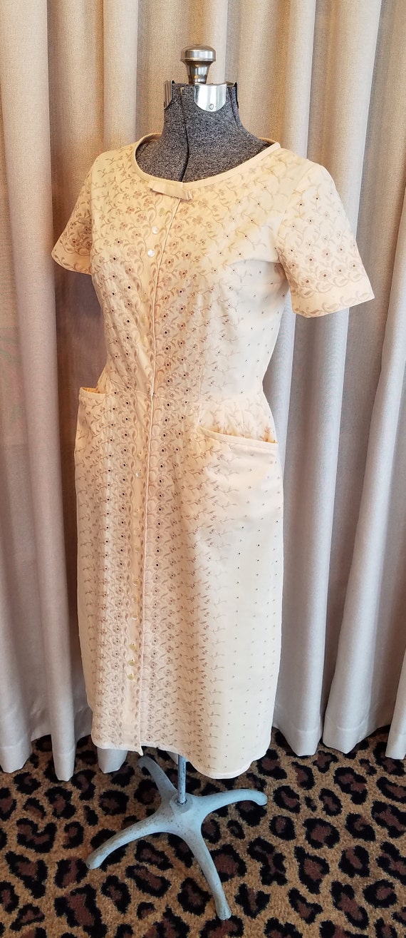 Vintage, 1950s, Tan, Embroidered, Eyelet, Cotton,… - image 4