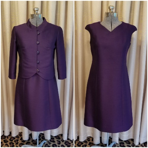 1960's, Fashions by Donna, Grape, Purple, Wool Blend Suiting, Rhinestones, shops Sleeveless, Dressy, Formal, Dress, 3/4 Sleeve, Jacket, Suit