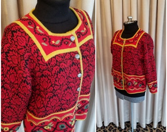 Vintage, 1990's, Vrikke, Irene Haugland Zahl, Norwegian, Floral, Embroidered, Knit, Wool, Black, Red, Gold, Green, Cardigan, Sweater