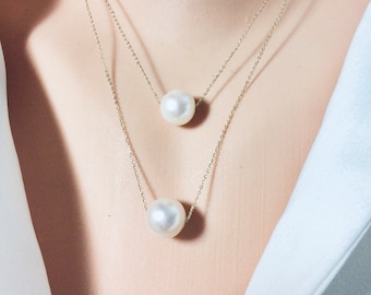 Single Pearl Necklace, Freshwater Pearl Floating Necklace on Solid Gold 18k Chain, Delicate Pearl Pendant Necklace, 16"Inches or 18" Long