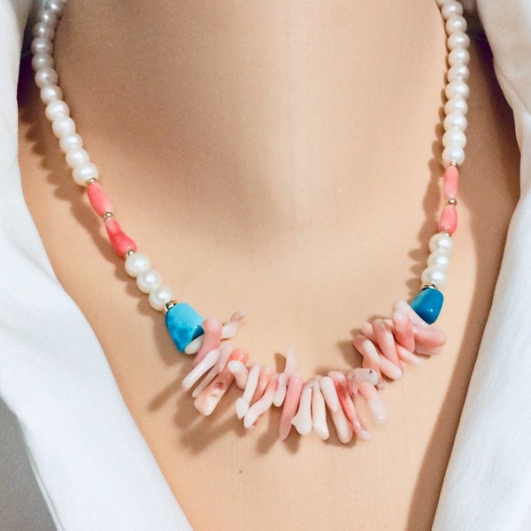 Real Pink Coral w Fresh Water Pearls and Turquoise Necklace, Gold Filled Details, 18"inches, Summer Necklace, Beach Jewelry,  Gifts for Her
