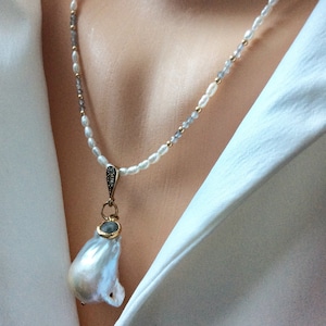 Labradorite and Baroque Pearl Pendant Necklace, Labradorite Charm, Vermeil & Gold Filled Mixed Metal Necklace,  Gifts for Her