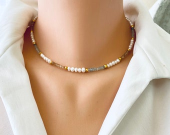 Pearl Choker Necklace with Citrine and Aquamarine Beads, Gold Filled, 15"inches,  Gifts for Her