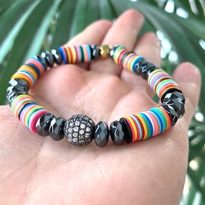 Hematite and African Heishi Vinyl Disks Stretchy Bracelet, Modern Summer Jewelry, Colourful Bracelet