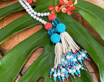 Coral Necklace, Turquoise Lariat Tassel Necklace, Pearl Necklace, Gemstone Necklace, Pearl Tassel Necklace, Boho Chic Necklace